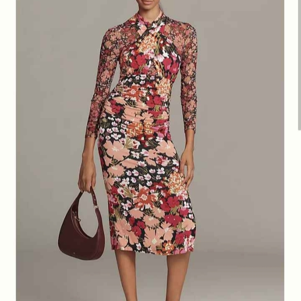 Anthropologie Long-Sleeve Halter Mesh Midi Dress- Size Small